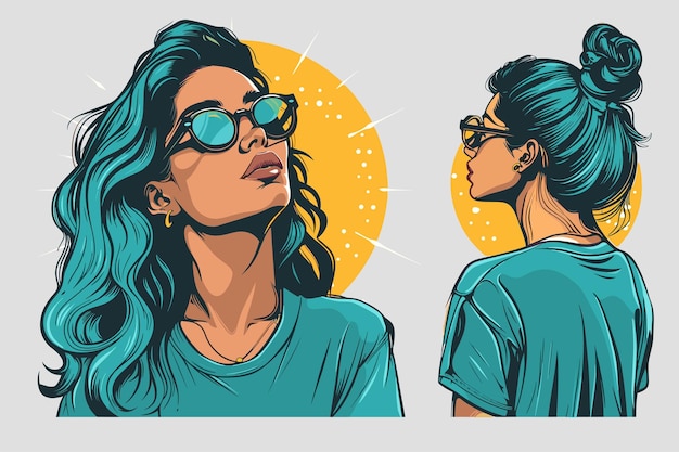 Vector illustration of two beautiful girls in sunglasses and blue tshirts