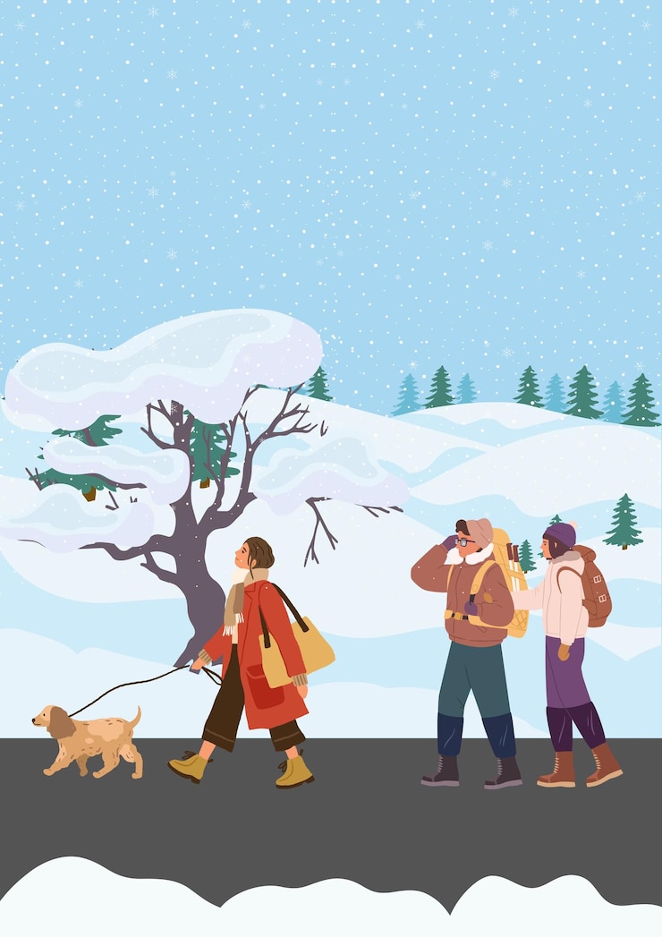 Vector vector illustration of two couples and a woman with a dog walking in the middle of a snowy drizzle