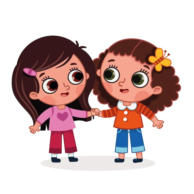 Vector vector illustration of two cute girls holding hands cartoon image with friendship theme