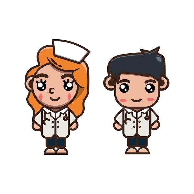 흰색 배경을 가진 의사가 되는 두 명의 귀여운 사람들의 벡터 그림