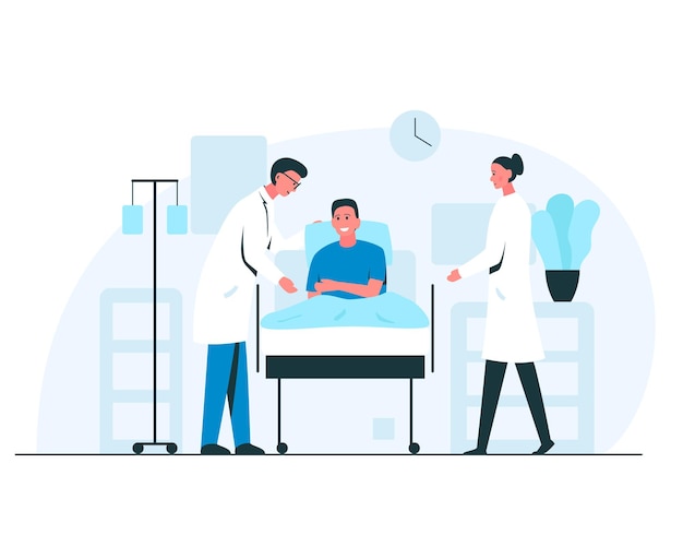 Vector illustration of two doctors examining a patient during hospital rounds