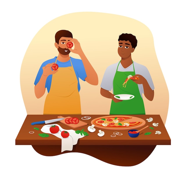 Vector illustration of two men cooking pizza