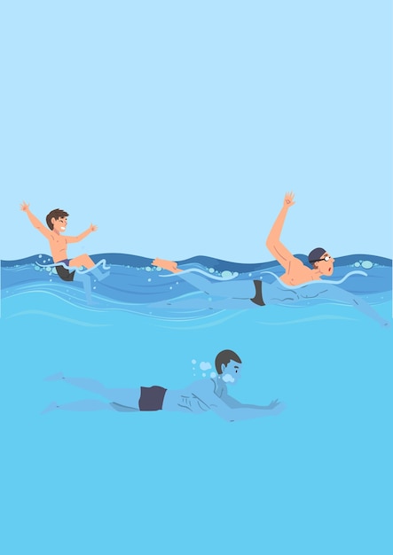 Vector Illustration of two men practicing swimming while one man is swimming too deep