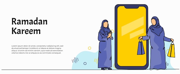 Vector illustration of two Muslim women shopping at an online shop