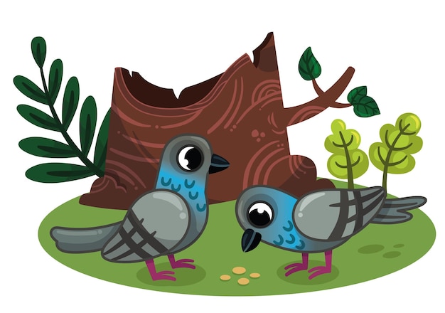 Векторная иллюстрация двух голубей в природе.