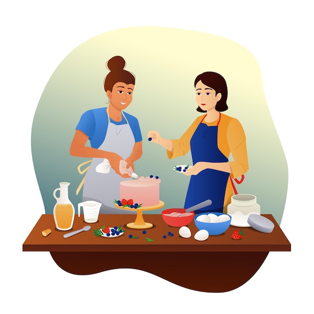 Vector illustration of two women cooking a cake