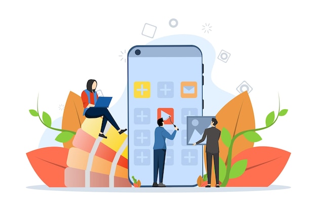 Vector vector illustration ui ux design concept with people creating custom designs for mobile apps