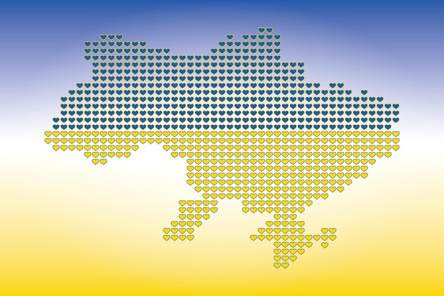 Vector illustration of Ukraine map outline with a heart in the colors of Ukrainian flag