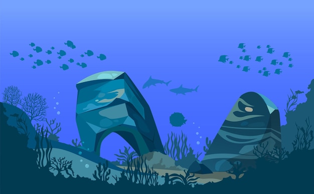 Vector illustration of underwater ocean fauna with coral reef seaweed algae mantas plants fishes Silhouette ocean bottom