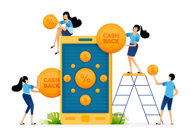 Vector illustration of user getting cashback from coins and discounts promotion program apps can be used for landing pages web websites mobile apps posters ads flyers banners