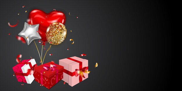 Vector illustration for valentine's day with helium balloons, small blurry pieces of serpentine and several red, pink and white gift boxes with ribbons, bows and pattern of hearts, on black background