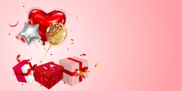 Illustrazione vettoriale per san valentino con palloncini ad elio, piccoli pezzi sfocati di serpentino e diverse scatole regalo rosse e bianche con nastri, fiocchi e motivo di cuori, su sfondo rosa