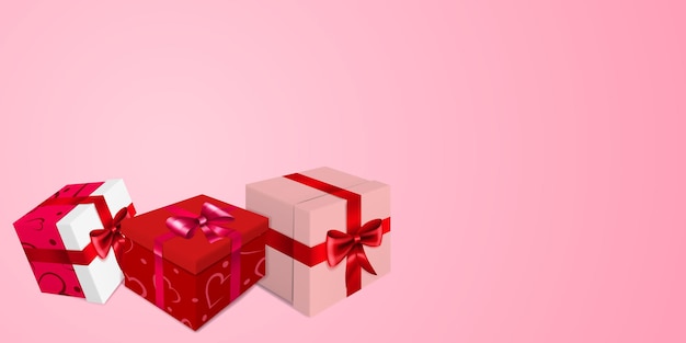 Векторная иллюстрация ко Дню святого Валентина с несколькими красными, бордовыми и белыми подарочными коробками с лентами, бантами и узором из сердечек на розовом фоне