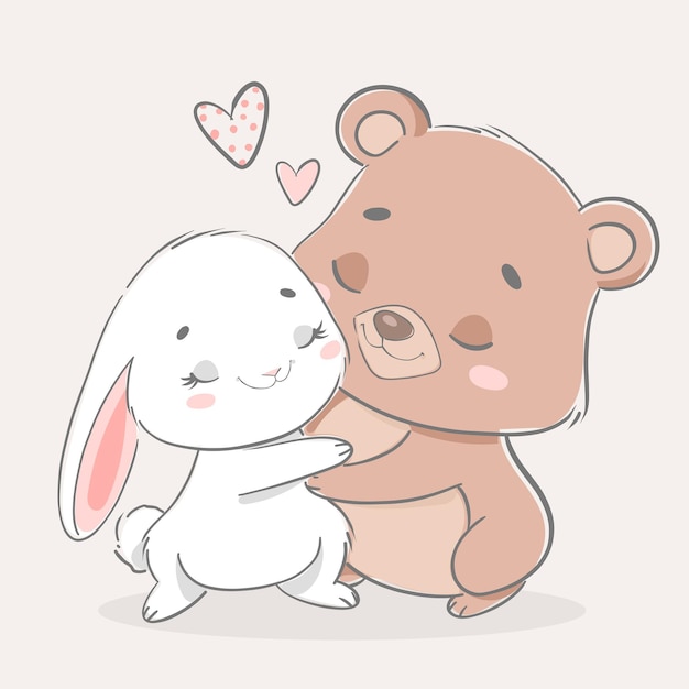 Vector illustration of valentines day Animals hug Bunny and bear