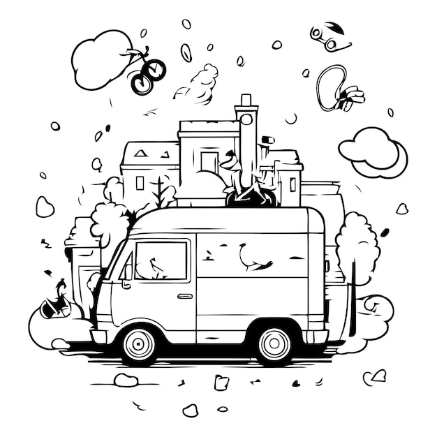 Vector vector illustration of a van delivering food to the city delivery service concept