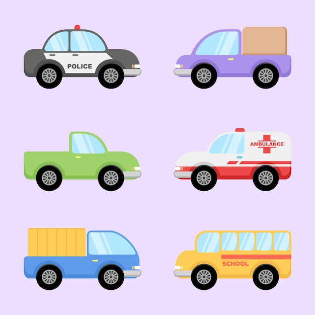 Vector Illustration of Various Car in Flat Cartoon Style Cute Vehicle Collection