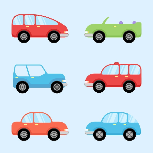 Illustrazione vettoriale di varie auto in stile cartone animato piatto collezione di veicoli carini