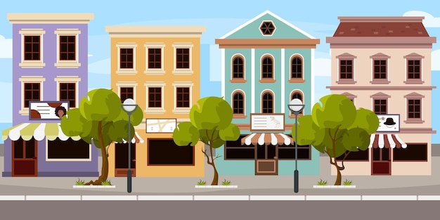 vector illustration of various modern buildings cartoons beautiful buildings hair salons for women barber for menmuseum a shop trees lampposts