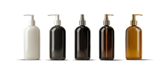 Vector illustration of various pump and spray bottles in black white and amber colors Ideal for product design cosmetics and packaging presentations Realistic 3D Pump Bottles