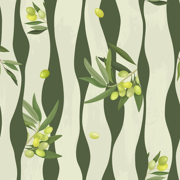 Vector vector illustration of a vertical winding lines seamless pattern and olive branches and fruits packaging wrapper or fabric with olive ornament geometry