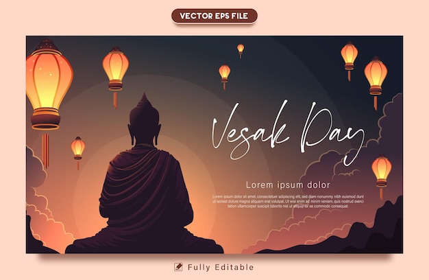 Illustrazione vettoriale vesak day banner con la statua del buddha e la luce dietro di esso