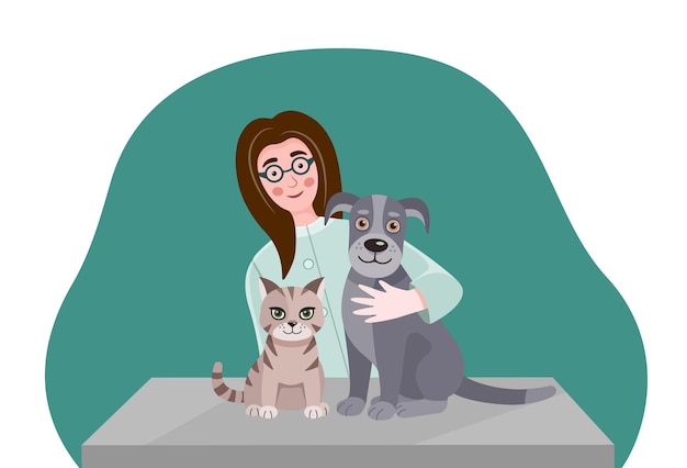 Vector illustration of a veterinary examination of a dog and cat on a veterinary clinic table