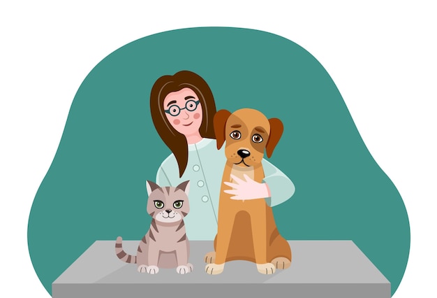 Vector illustration of a veterinary examination of a dog and cat on a veterinary clinic table