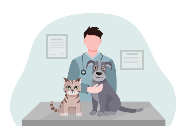 Vector illustration of a veterinary examination of a dog and cat on a veterinary clinic table