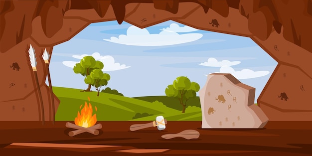 Vector illustration of a view from a cave of primitive people Cartoon scene of the dwelling of primitive people with a bonfire a stone ax a wooden stick with stone drawings on the walls and nature