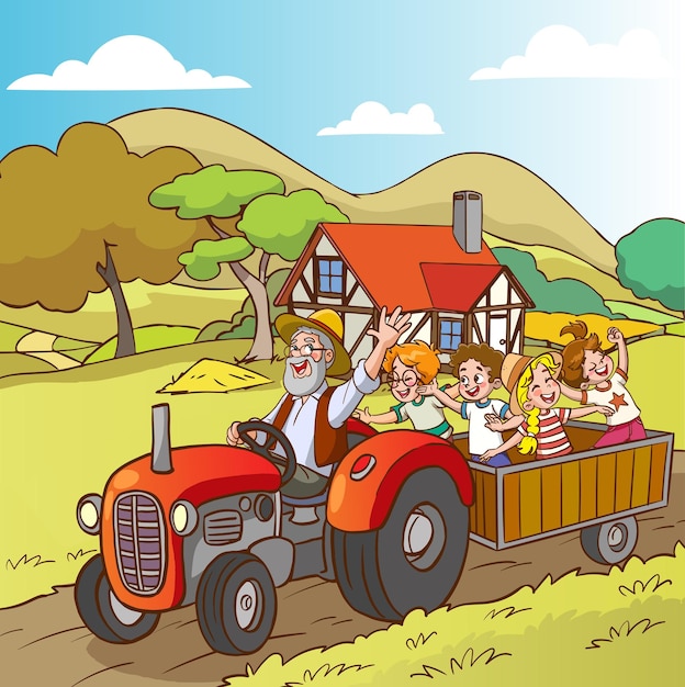 Vector illustration of village landscape and grandpa grandsonsfarmer family riding tractor