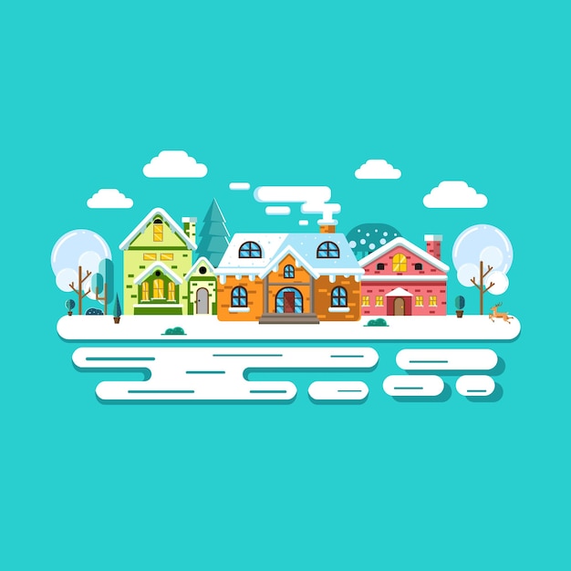 Vector illustration of village in winter with flat design style