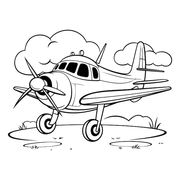 Vector illustration of vintage airplane on the field Coloring book for children