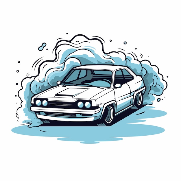 Vector illustration of a vintage car with smoke on a white background