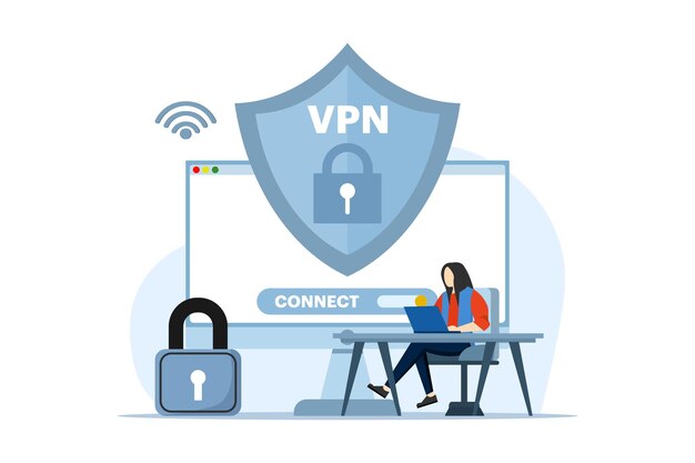 VPN 기술을 사용하는 사람들과 함께 가상 개인 네트워크 개념의  ⁇ 터 일러스트레이션