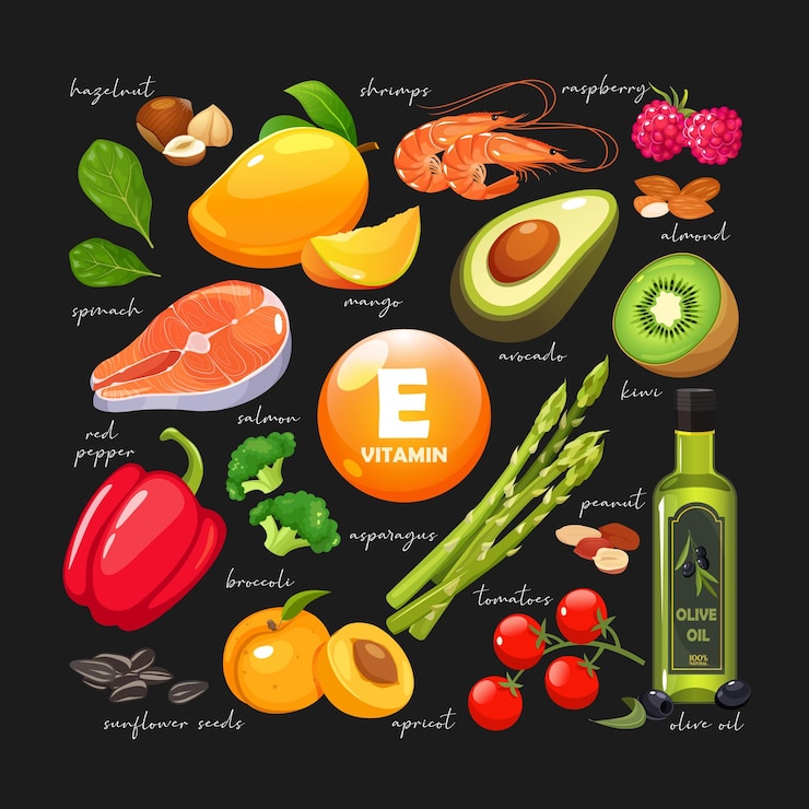 Vector vector illustration of vitamin eenriched fruits and vegetables