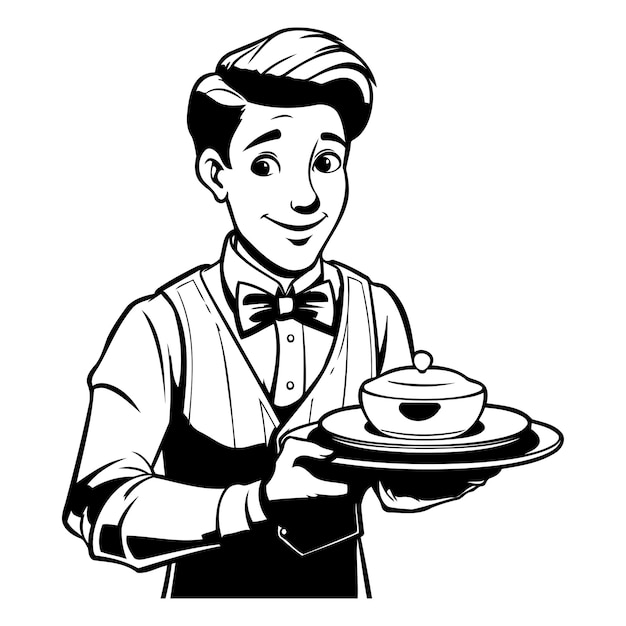 Vector illustration of a waiter holding a tray with a plate of food