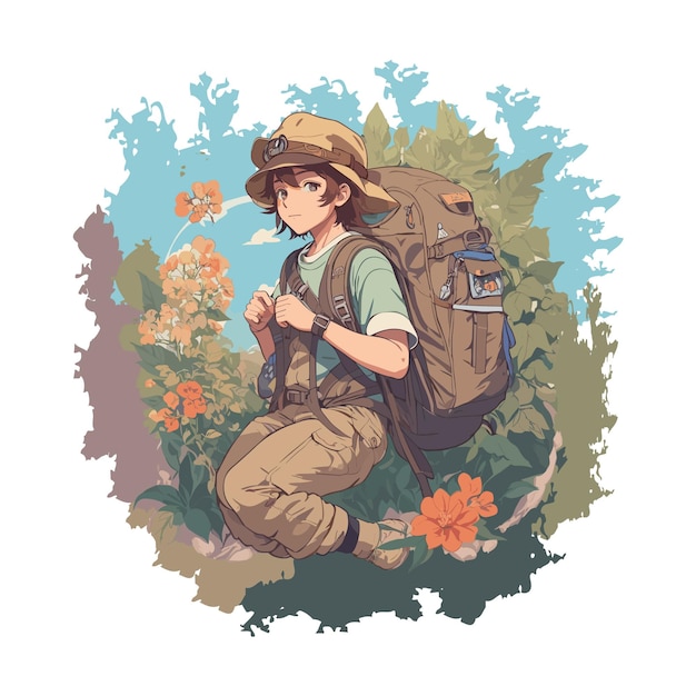 Vector vector illustration of a walking around with a bag in a flower gardencute boy tshirt print chara