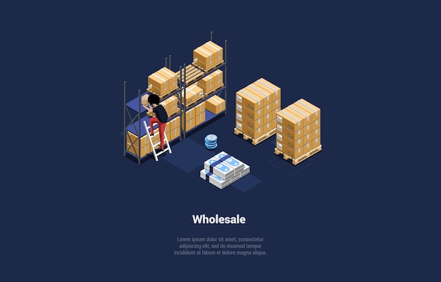 Vector illustration on warehouse wholesale trade concept isometric 3d composition in cartoon style storage of goods and products for sale cardboard boxes and parcels character money elements