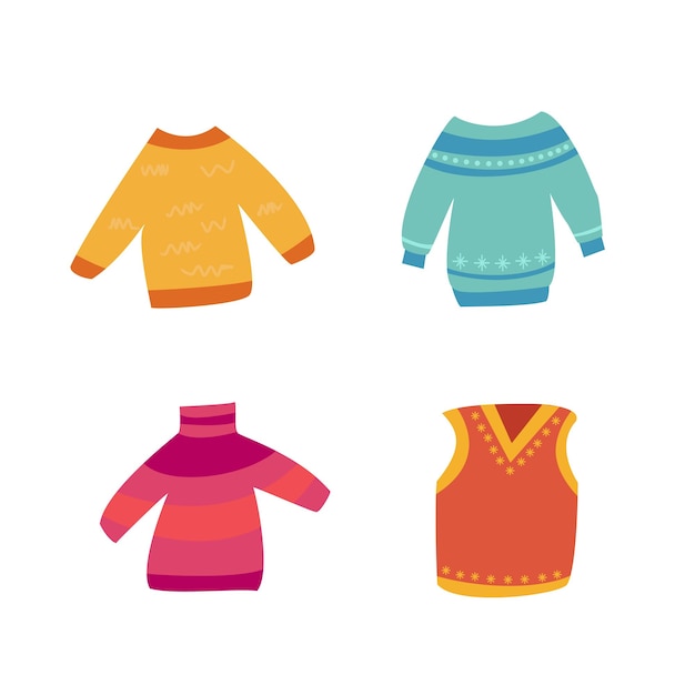 Vector illustration of warm sweaters and vests on a white background