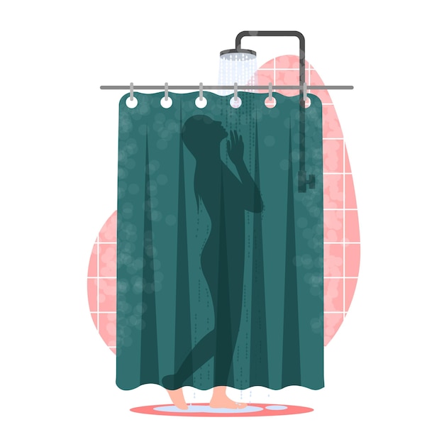 Vector vector illustration of washes in the shower cartoon scene with a girl who washes in the shower behind the screen on white background
