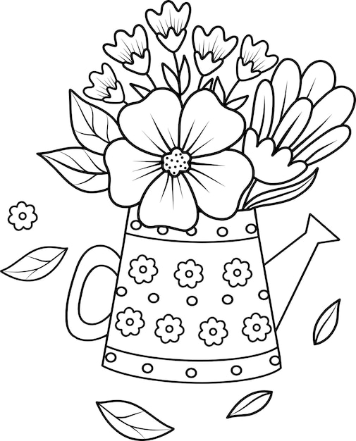 Vector illustration of a watering can in the form of a vase with flowers tulips daisies peonies