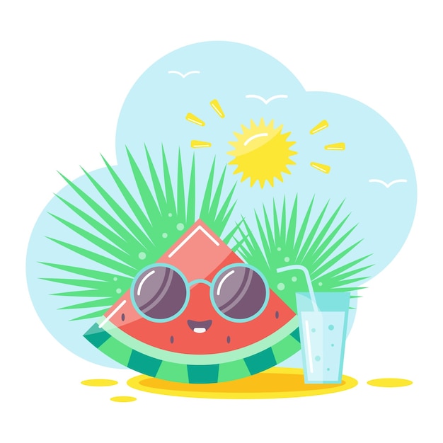 Vector vector illustration of watermelon in sunglasses on the beach