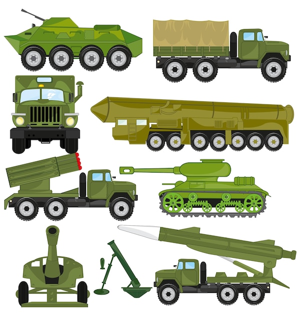 Vector illustration of the weapon and transport facilities for army