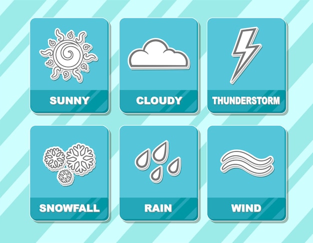 A vector illustration of weather forecast white icons in blue squares