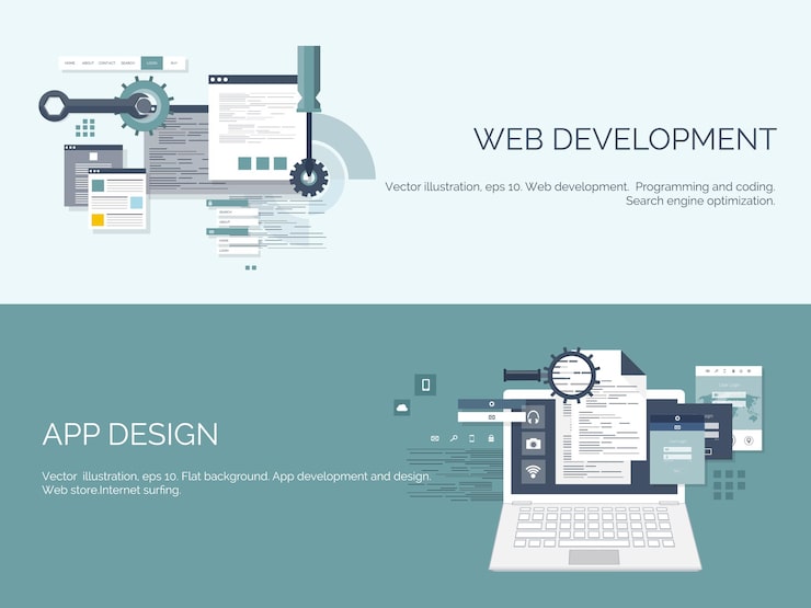 Vector 터 일러스트레이션 웹 검색 플래트 컴퓨팅 배경 프로그래밍 코딩 개발 검색