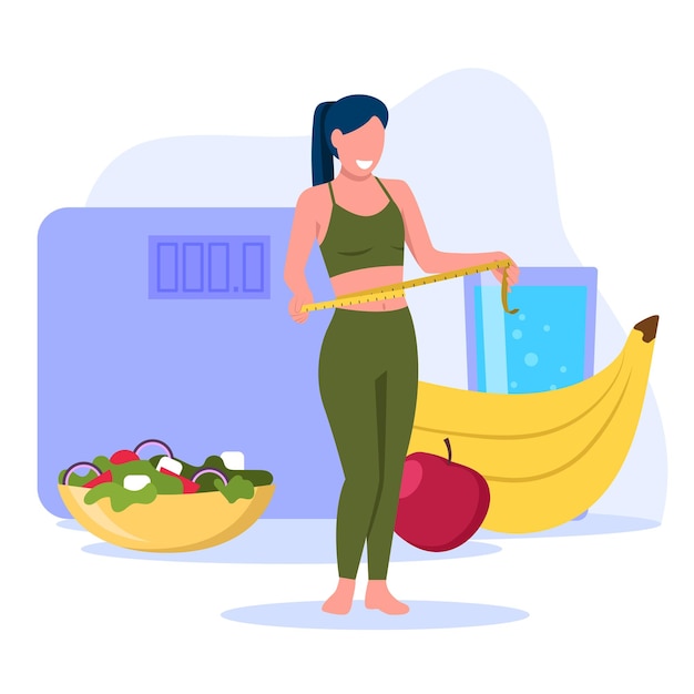 Vector illustration of weight loss Cartoon scene with a girl who lost weight on fruits salads and water on white background