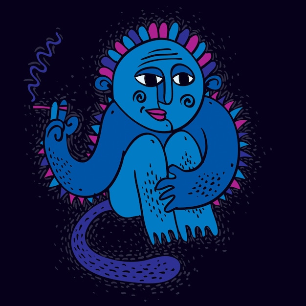 Vector illustration of weird monster sitting and smoking cigarette. Cute blue fictitious mutant, freak character can be used in graphic design.