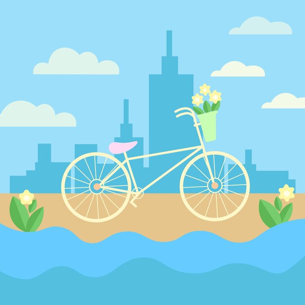 Vector illustration of white bike with basket flowers and urban city on background. Cycle riding