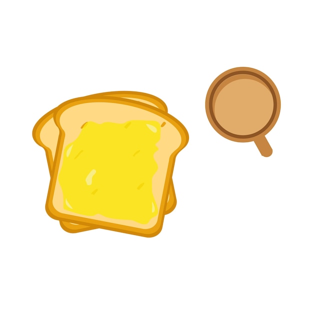 Vector vector illustration of white bread with pineapple jam and a cup of coffee for breakfast