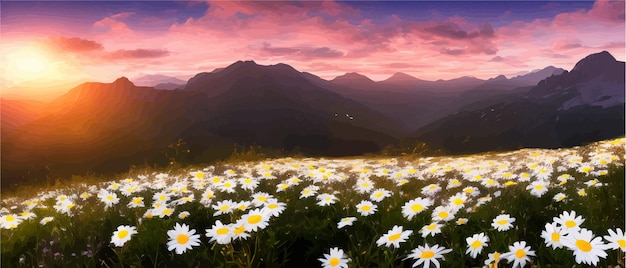 Vector vector illustration white chamomile flowers and grass on hills against backdrop of mountains and a